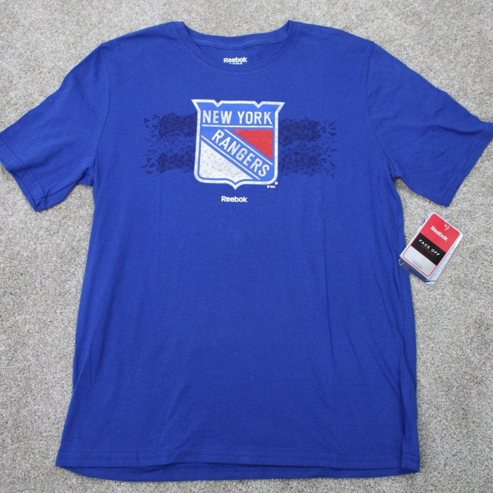 NY Rangers Shirt NWT Youth XL‎ Blue Reebok NHL Face Off Cotton Short Sleeve